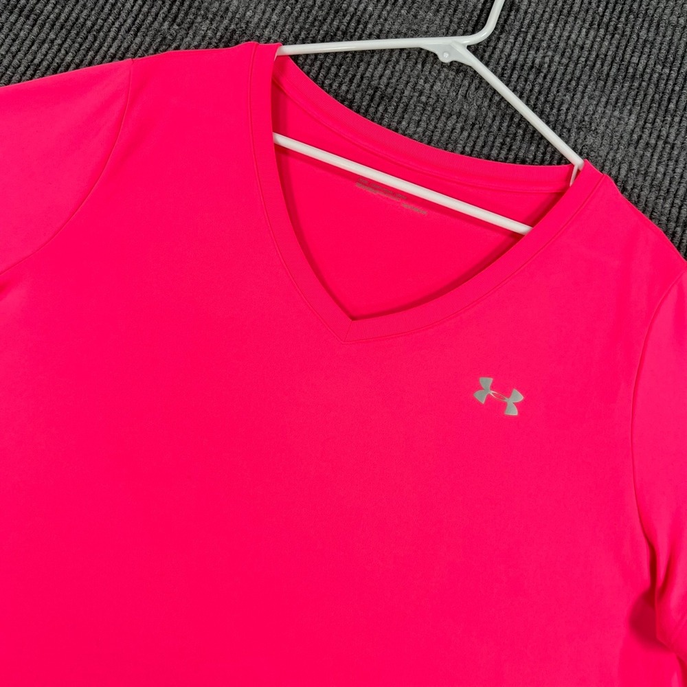 Under Armour Shirt Womens 1X Pink Short Sleeve V Neck Heat Gear Loose Fit Gym